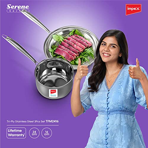Impex Serene Triply 2 Pcs Cookware Set ( Frypan 24cm and Milkpan 16cm) | 304 Grade Stainless Steel | No PFOA Coating | lnduction Friendly Cookware, Silver - Image 5