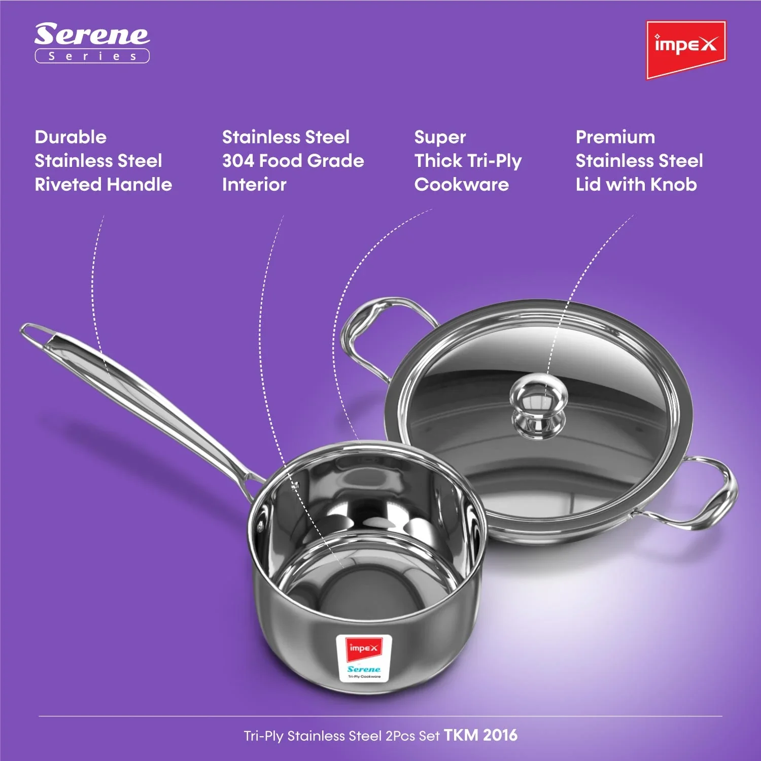 Impex Serene Triply 2 Pcs Cookware Set ( Kadaipan with lid 20cm and Milkpan 16cm) | 304 Grade Stainless Steel | No PFOA Coating | lnduction Friendly Cookware, Silver - Image 3