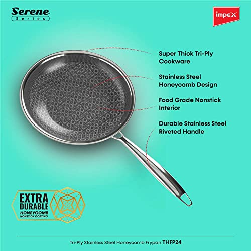 Impex Serene Triply Honeycomb Stainless Steel Frypan | 304 Grade Stainless Steel Frypan | | No PFOA Coating | Induction Friendly Cookware, Silver - Image 4