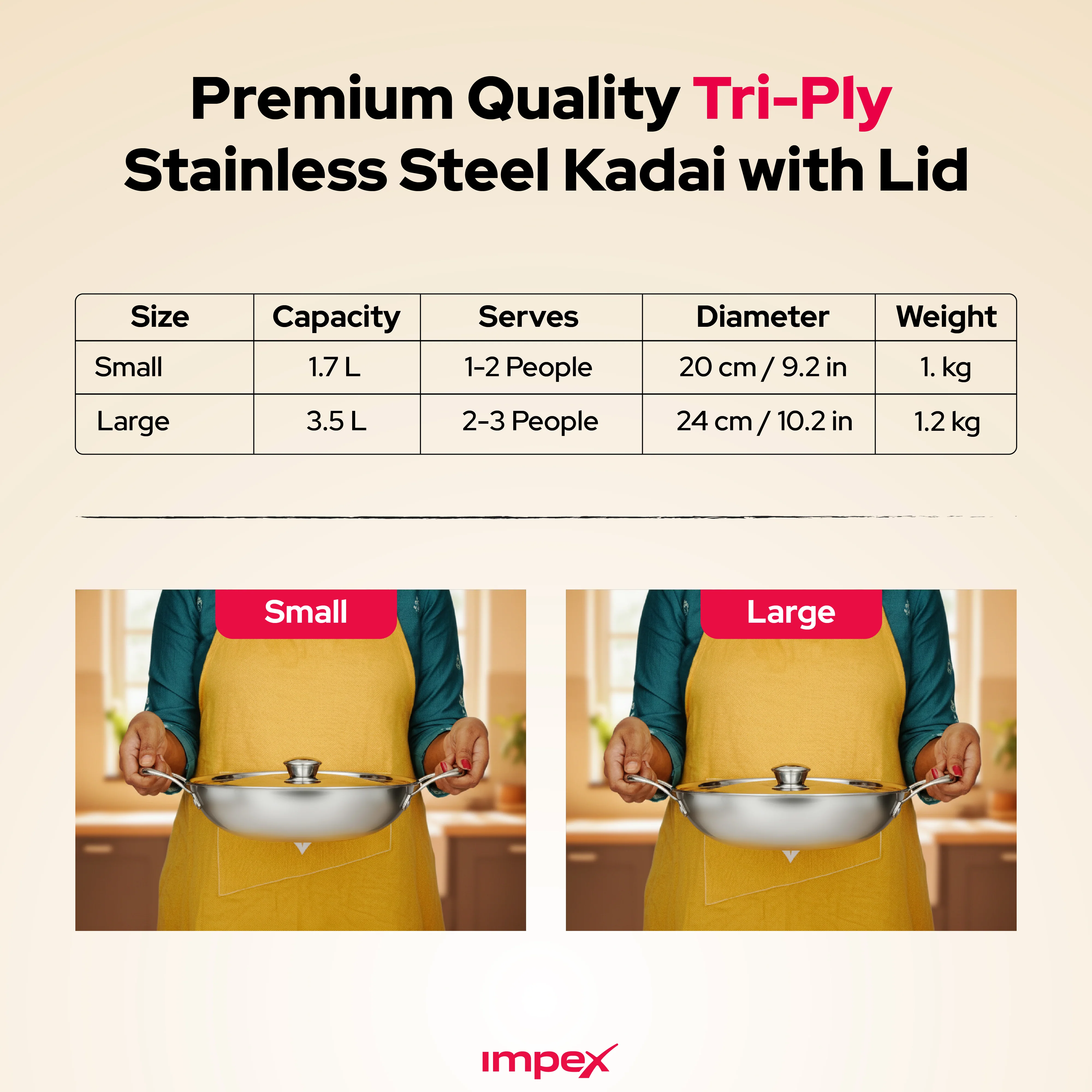 Impex Serene Triply Stainless Steel Kadai pan 20cm with Lid | 304 Grade Stainless Steel Kadai pan | No PFOA Coating | Impact Bonded Tri-Ply Bottom Induction Friendly Cookware, Kadai Pan- 1.4 LTR - Image 10