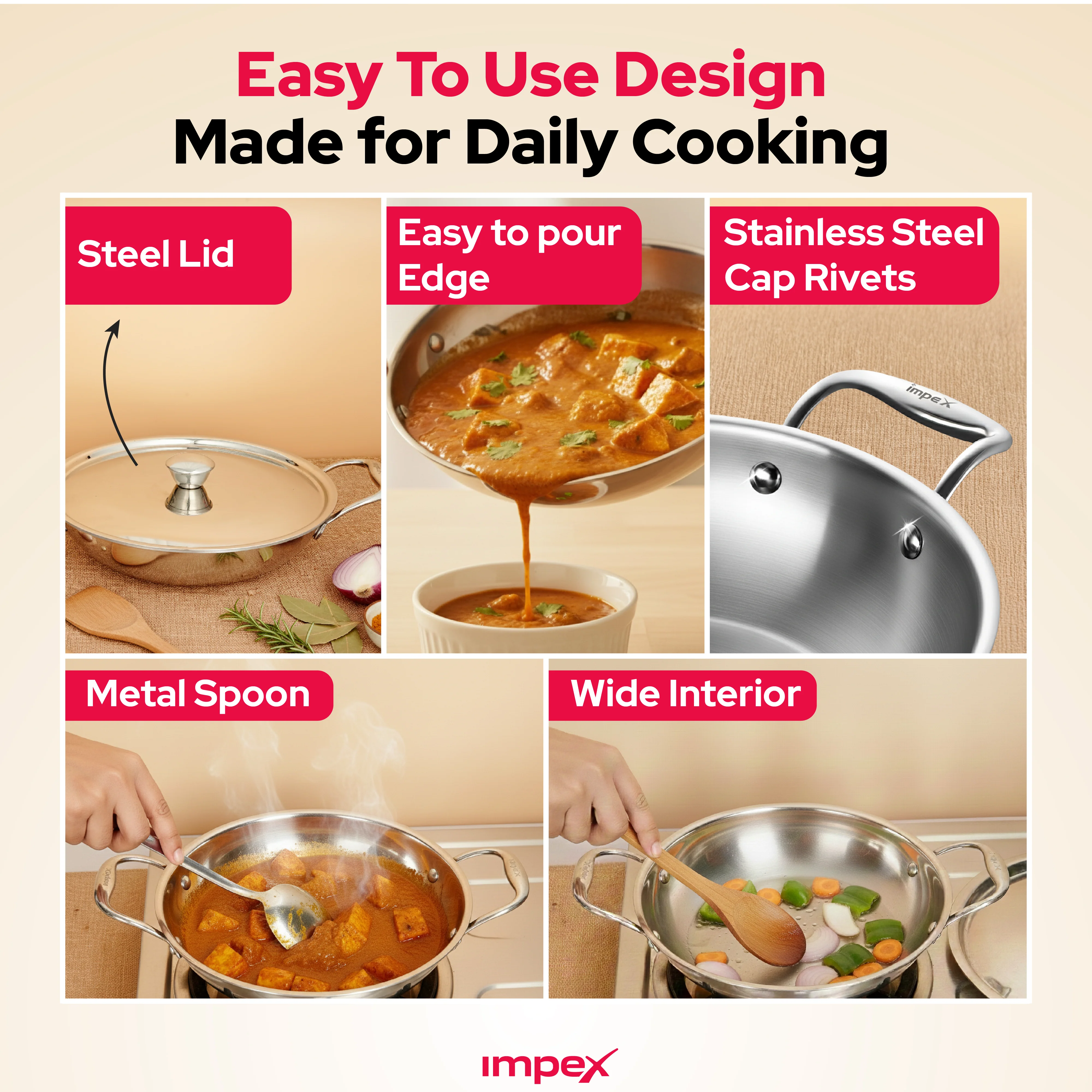 Impex Serene Triply Stainless Steel Kadai pan 20cm with Lid | 304 Grade Stainless Steel Kadai pan | No PFOA Coating | Impact Bonded Tri-Ply Bottom Induction Friendly Cookware, Kadai Pan- 1.4 LTR - Image 7