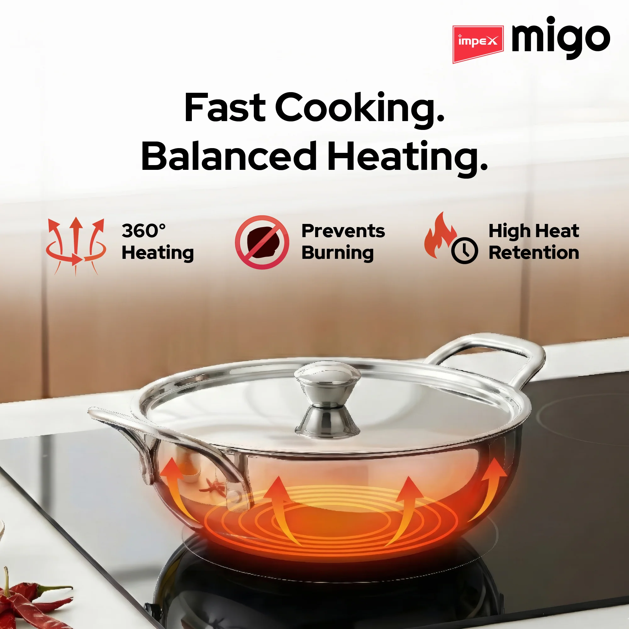 Impex TKF 2422 Migo 3-Piece SS Triply Cookware Set with  Kadai,  Fry Pan, and Stainless Steel Lid - Image 5