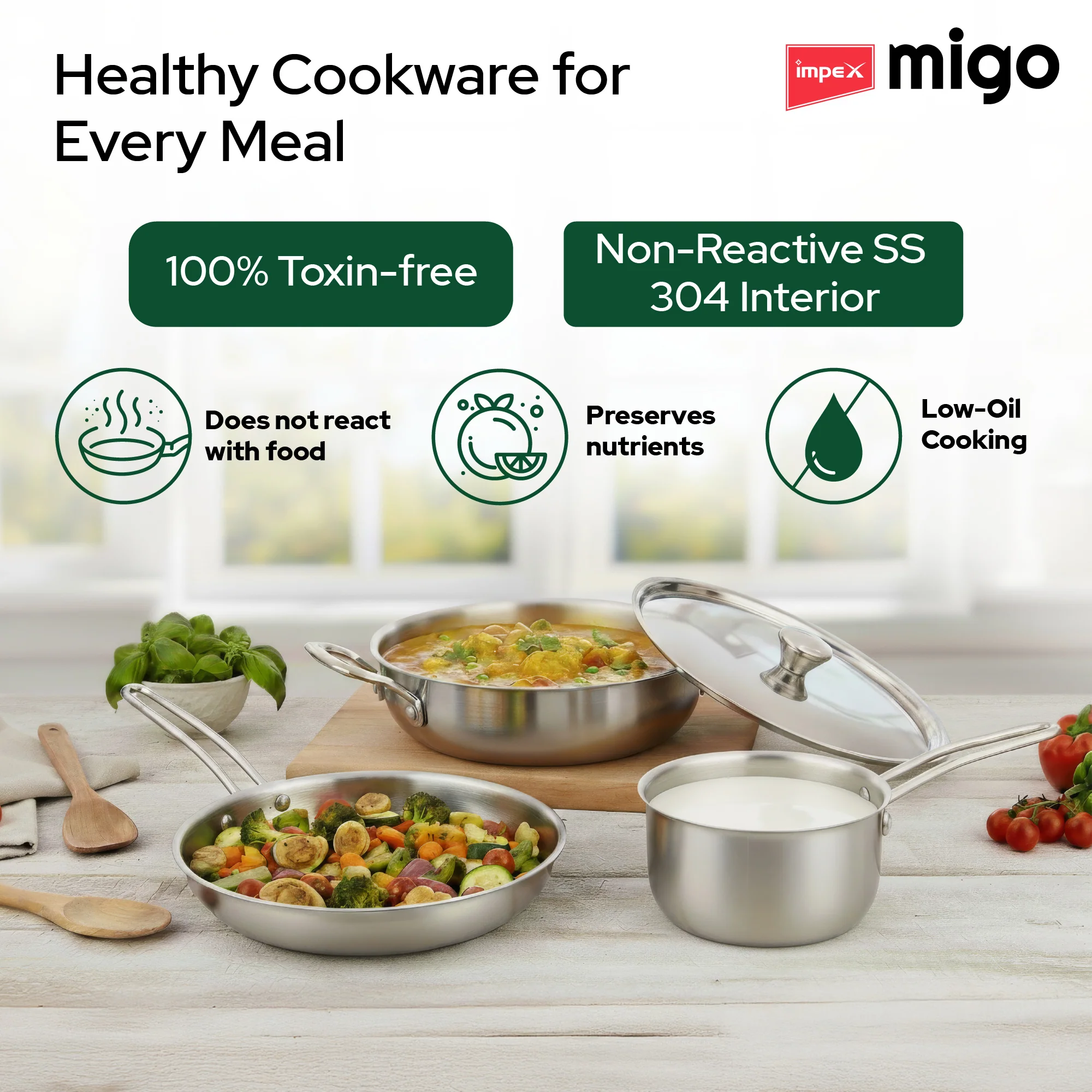 Impex TKFM 426 Migo 4-Piece SS Triply Cookware Set with  Kadai,  Fry Pan,  Milk Pan, and Stainless Steel Lid - Image 3