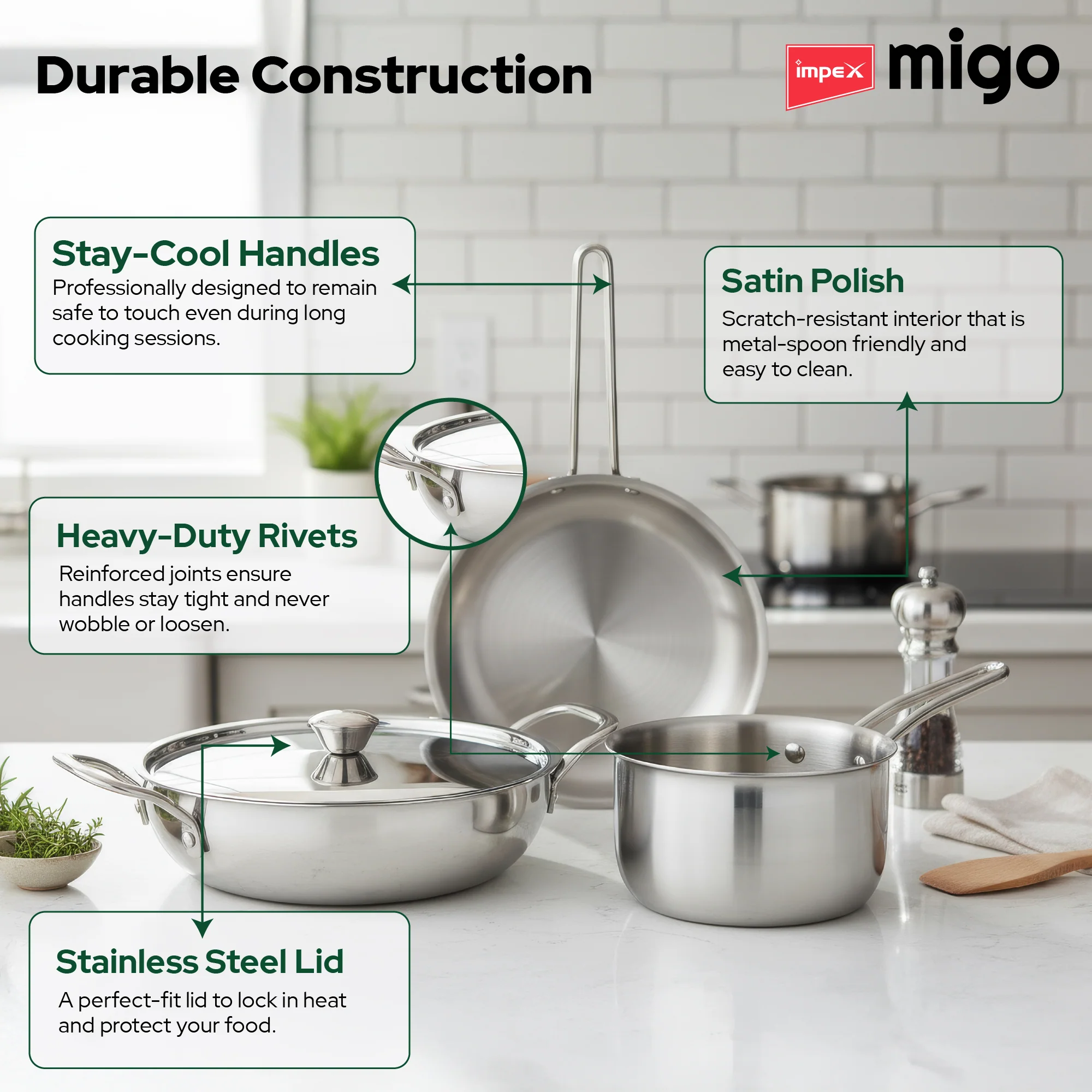 Impex TKFM 426 Migo 4-Piece SS Triply Cookware Set with  Kadai,  Fry Pan,  Milk Pan, and Stainless Steel Lid - Image 5