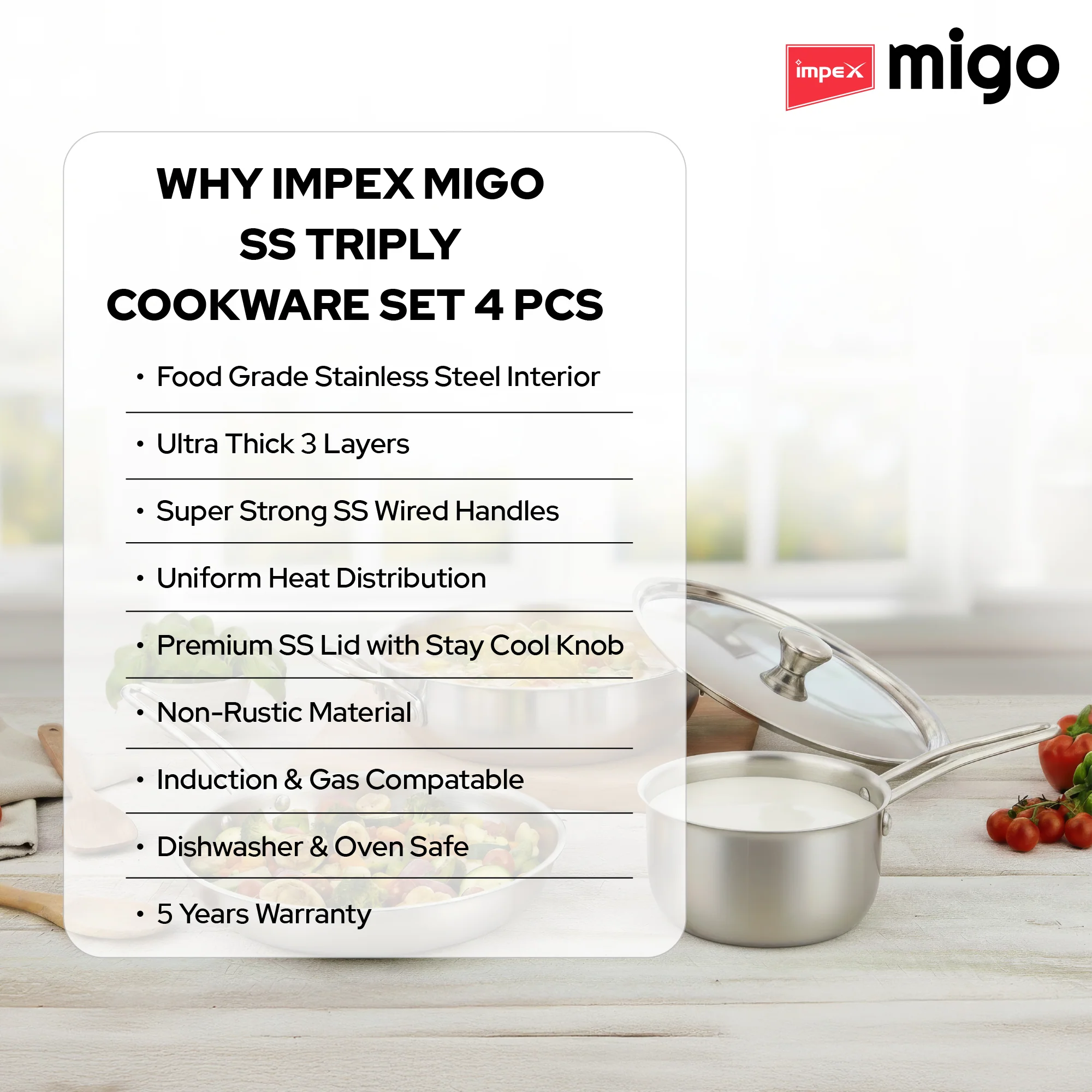 Impex TKFM 426 Migo 4-Piece SS Triply Cookware Set with  Kadai,  Fry Pan,  Milk Pan, and Stainless Steel Lid - Image 9