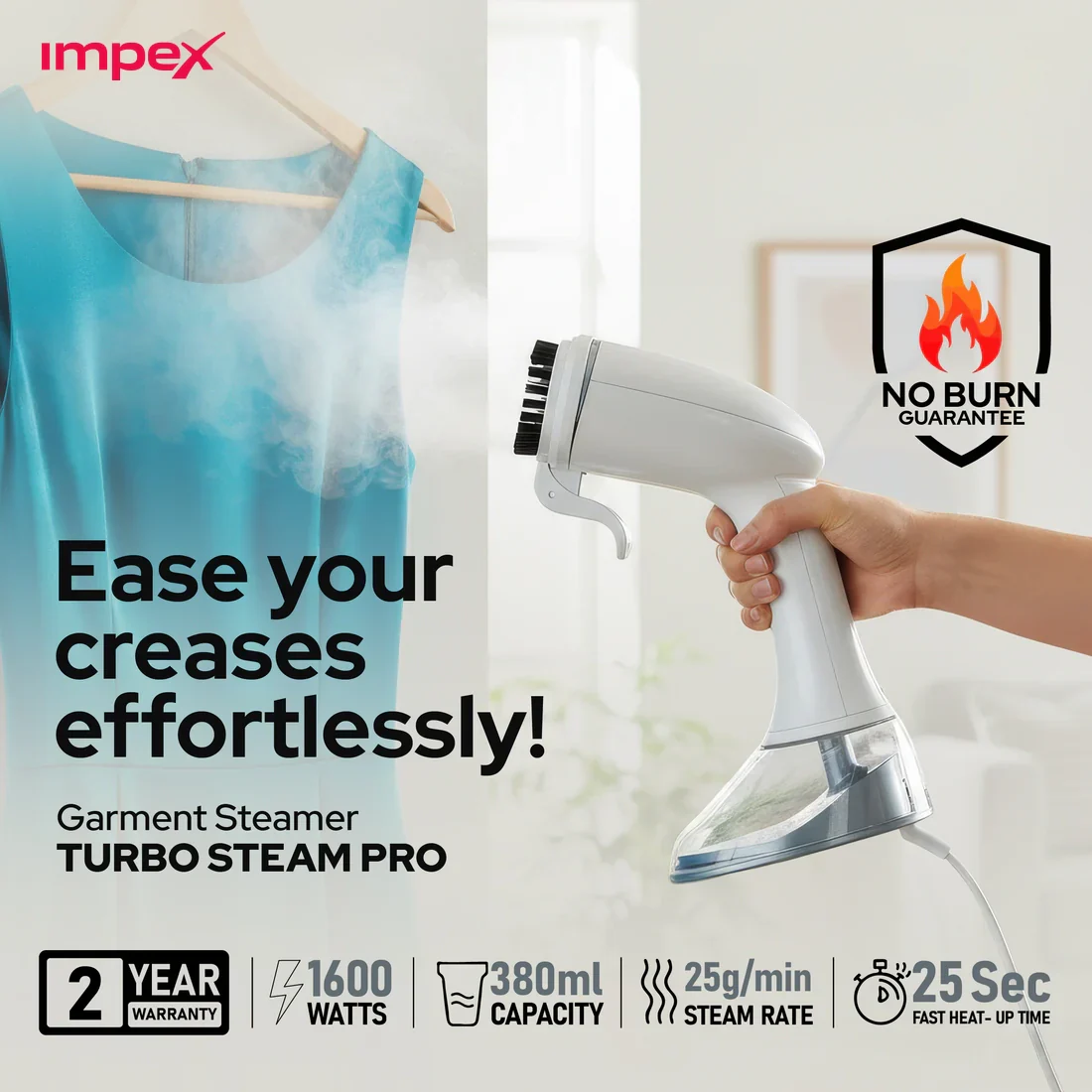 TURBO STEAM PRO 380 ml Garment Steamer with Durable ABS Body and 2-Year Warranty - Image 6