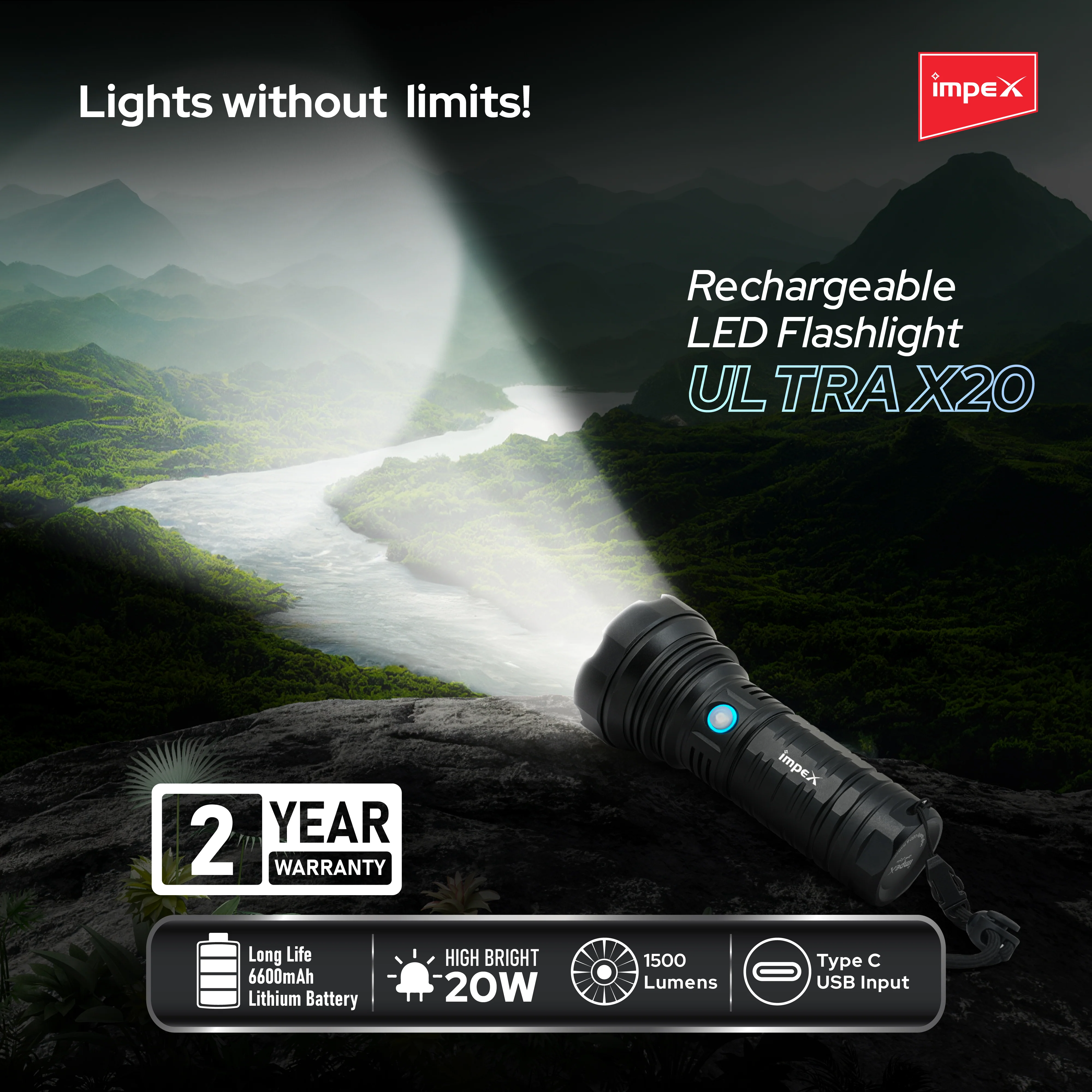 Impex Ultra X20 Rechargeable LED Flashlight with 1500 Lumens, 6600 mAh Li-ion Battery and Protective Case - Image 3
