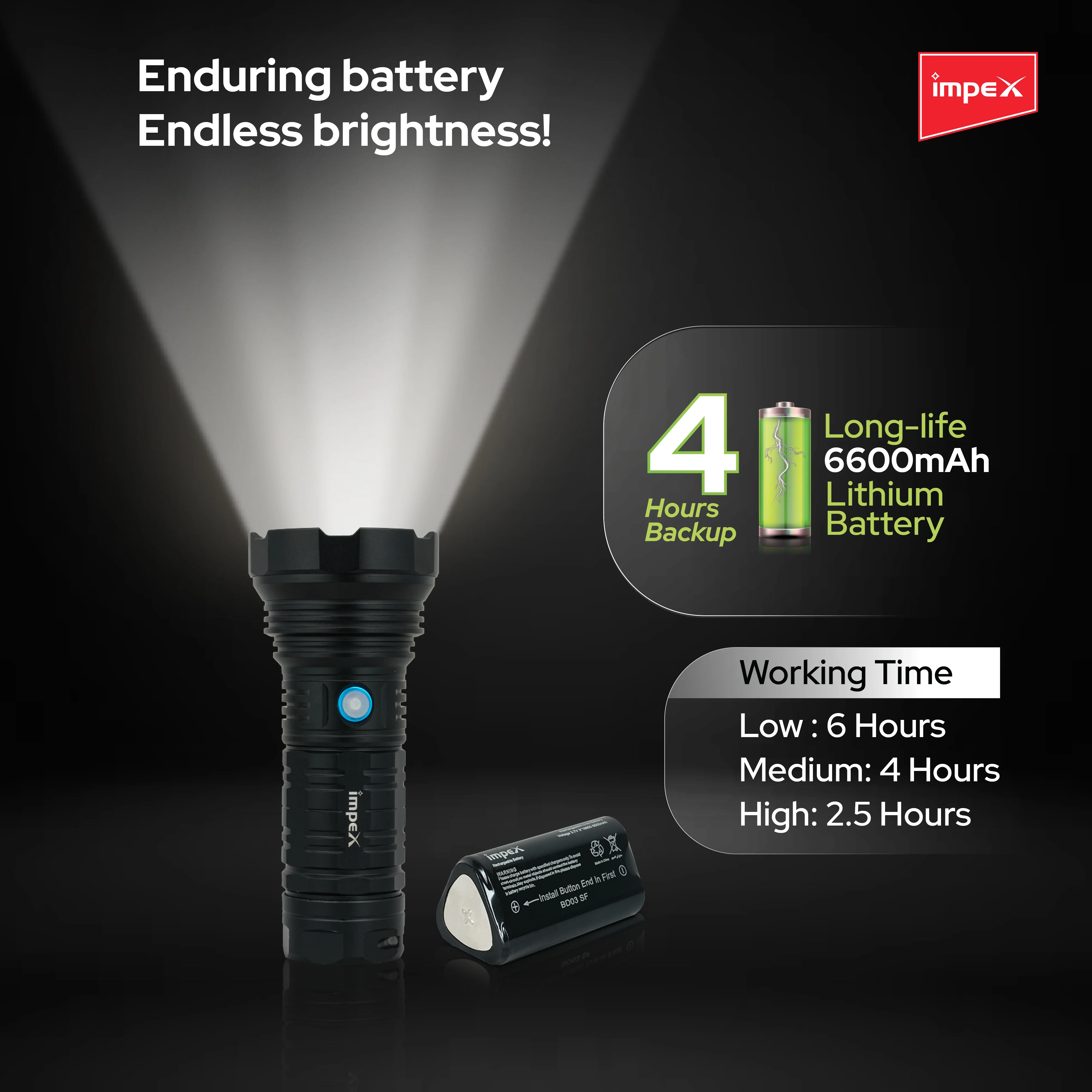 Impex Ultra X20 Rechargeable LED Flashlight with 1500 Lumens, 6600 mAh Li-ion Battery and Protective Case - Image 5
