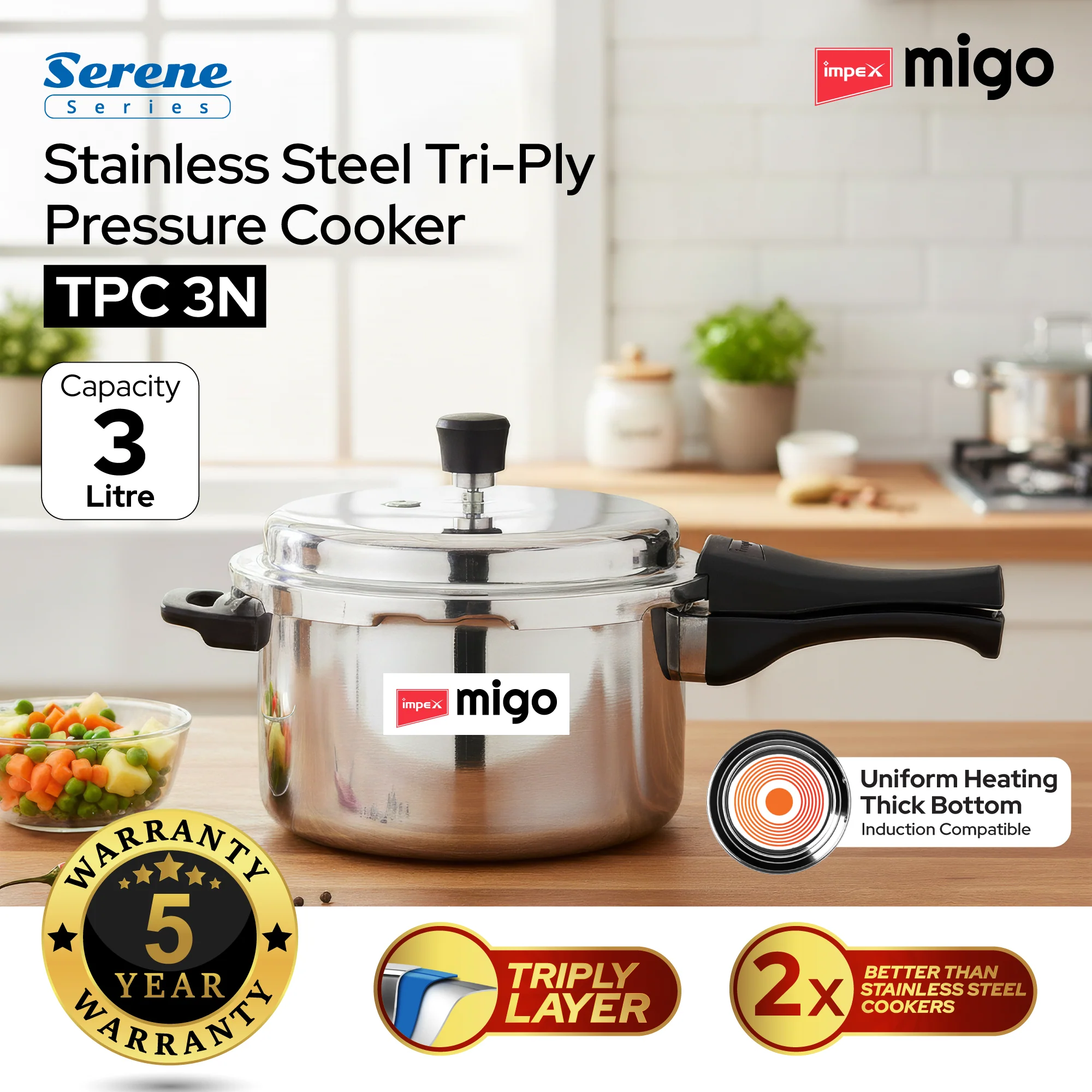 Migo TPC 3 N Serene 3 Litre SS Triply Pressure Cooker with Induction Bottom and Durable Stainless Steel Body - Image 2