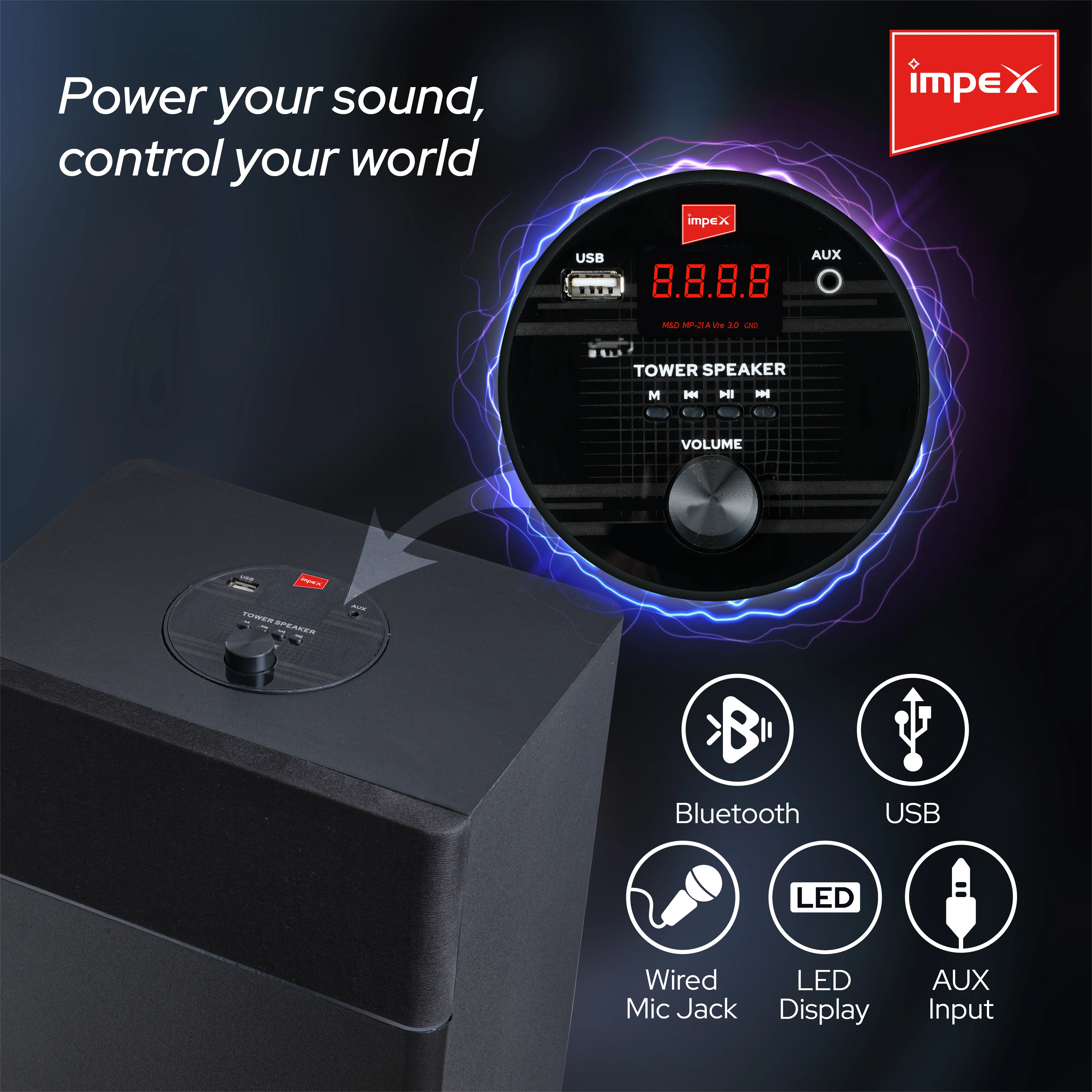 Thunder B500 60W Party Speaker with Bluetooth 5.0, USB, AUX, FM Radio, LED Lights - Black | 1 Year Warranty - Image 4